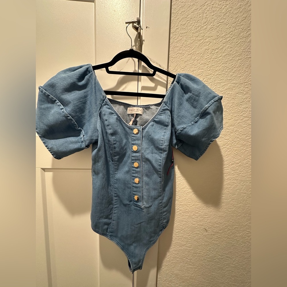 Denim Off-Shoulder Puff Sleeve Bodysuit